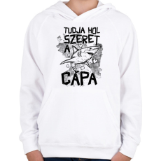 PRINTFASHION Tudja hol szeret a cápa - Gyerek kapucnis pulóver - Fehér