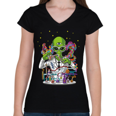 PRINTFASHION Tudós ufo - Női V-nyakú póló - Fekete