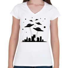 PRINTFASHION UFO invázió  - Női V-nyakú póló - Fehér