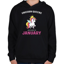 PRINTFASHION Unikornis királynők születésnapja Januárban - Gyerek kapucnis pulóver - Fekete gyerek pulóver, kardigán