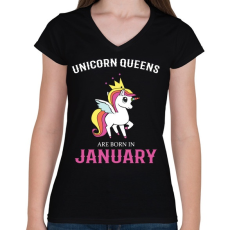 PRINTFASHION Unikornis királynők születésnapja Januárban - Női V-nyakú póló - Fekete
