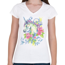 PRINTFASHION Unikornis virágokkal vízfesték - Női V-nyakú póló - Fehér női póló