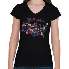 PRINTFASHION USA - rajzos térkép - Amerikai Egyesült Államok - Női V-nyakú póló - Fekete