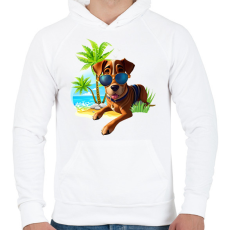 PRINTFASHION VAKÁCIÓ / Nyaralás / Pálmafák és vicces Kutya napszemüvegben - Férfi kapucnis pulóver - Fehér