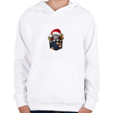 PRINTFASHION Vicces karácsonyi cica zsebben - mikulás sapkában - Gyerek kapucnis pulóver - Fehér gyerek pulóver, kardigán