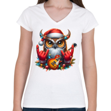 PRINTFASHION Vicces karácsonyi gitáros rocker party bagoly - Női V-nyakú póló - Fehér