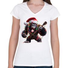 PRINTFASHION Vicces karácsonyi gitáros rocker party gorilla - Női V-nyakú póló - Fehér női póló