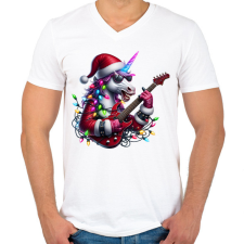 PRINTFASHION Vicces karácsonyi gitáros rocker party unikornis - Férfi V-nyakú póló - Fehér férfi póló