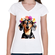 PRINTFASHION virágkoszorús tacsi - Női V-nyakú póló - Fehér női póló