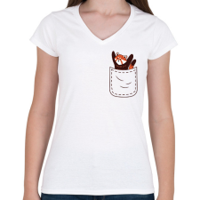 PRINTFASHION Vörös panda zsebben - Női V-nyakú póló - Fehér női póló