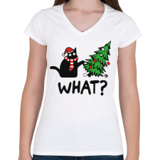 PRINTFASHION What? - Karácsonyos macska - Női V-nyakú póló - Fehér női póló
