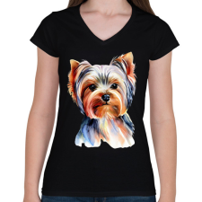 PRINTFASHION Yorkshire terrier kutya - Női V-nyakú póló - Fekete női póló