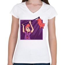 PRINTFASHION Zajfogó macska - Női V-nyakú póló - Fehér női póló
