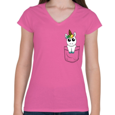 PRINTFASHION Zseb unikornis - Női V-nyakú póló - Rózsaszín női póló