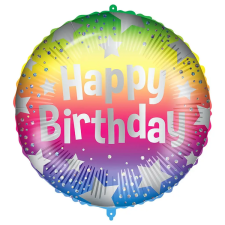 Procos Szülinapi fólia lufi – „Happy Birthday” felirattal, szivárványszínű csillagos mintával 46cm party kellék