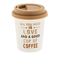 Pufo Love Coffee kerámia utazóbögre kávéhoz szilikon tetővel, 280 ml, fehér termosz
