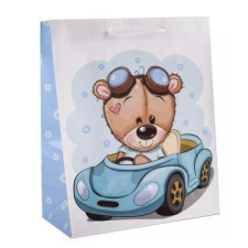 Qx Ajándéktasak maci egy autóban mintával - 26 x 32 cm party kellék