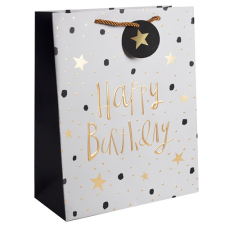 Qx Dísztasak matt 26x32 cm fehér/arany Happy Birthday felirattal ajándéktasak