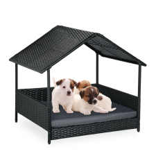 Rattan kerti kutyaágy tetővel és párnával 81x90x68 cm szállítóbox, fekhely kutyáknak