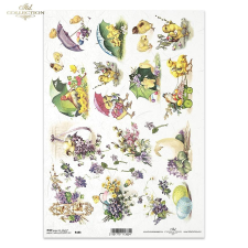  Rizspapír - Húsvéti tojások, csibék esernyővel és virágokkal dekorációs kellék