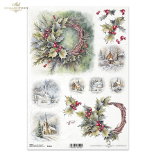  Rizspapír - karácsonyi koszorú piros bogyókkal, magyallal dekorációs kellék