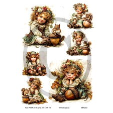  Rizspapír - őszi kislány mókussal, makkal dekorációs kellék