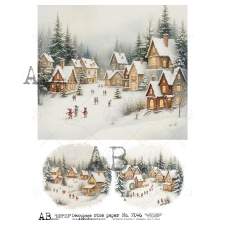  Rizspapir - téli táj házakkal, fenyőkkel dekorációs kellék