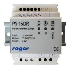 Roger PS-15DR 35 mm-es DIN sínre szerelhető kapcsolóüzemű tápegység, bemenet 230 Vac/50 Hz, 20 W biztonságtechnikai eszköz