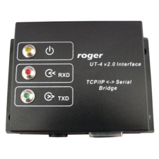 Roger UT4v2 kommunikációs interfész, TCP/IP konverter, 10-15 VDC, átlag 75mA, max. 150mA, RS232, RxD, TxD, RTS, CTS, GND, RS485, TxA, TxB, RxA, RxB, 110g, 100x68x35 biztonságtechnikai eszköz
