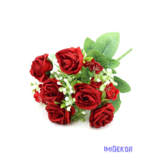  Rózsa 6 ágú selyem csokor 28 cm - Piros dekorációs kellék