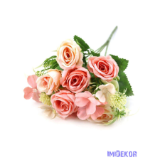  Rózsa 6 fejes kis selyem csokor 27cm - Barack-Rózsaszín dekorációs kellék