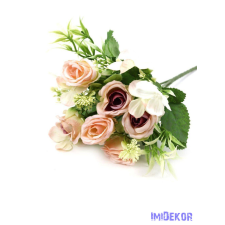  Rózsa csokor 6 fej + kis virágok kiegészítőkkel 27cm - Rózsaszín-Mályva dekorációs kellék