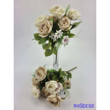  Rózsa + kis virág 7 ágú selyemvirág csokor 33 cm - Ekrü-Bézs Mix dekoráció
