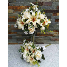  Rózsa + Liliom 12 fejes vegyes selyemvirág csokor 35 cm - Vanília dekorációs kellék