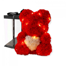  Rózsa maci LED világítással 40cm díszdobozban - piros-fehér ajándéktárgy