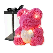  Rózsa maci led világítással 40cm díszdobozban - rózsaszín-fehér ajándéktárgy