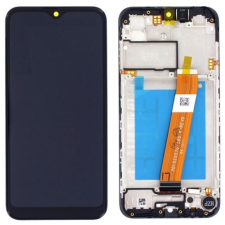 Samsung A015 Galaxy A01 fekete gyári LCD+érintőpanel kerettel (keskeny kábeles) mobiltelefon, tablet alkatrész