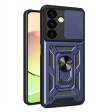  Samsung Galaxy S24 Telefontok - Camshield - kék szilikon tok, kitámasztó ujjgyűrűvel, csúsztatható kameravédővel tok és táska