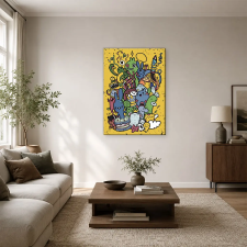  Sárga szörnytorlódás szülinapi tortával doodle art vászonkép dekoráció
