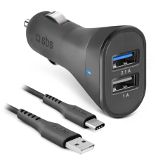 SBS TEKITCRC2U21AUL 2x USB Type-A Autós töltő + 1x USB Type-C kábel - Fekete (10W) mobiltelefon kellék