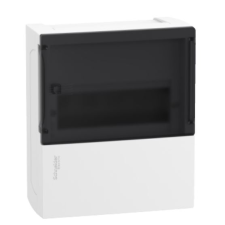SCHNEIDER RESI9 MP Kiselosztó, füstszínű átlátszó ajtó, falon kívüli, 1x8 modul, PEN sín, komplett, fehér villanyszerelés
