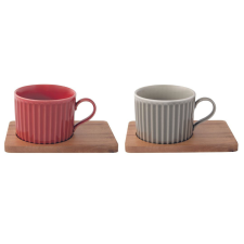  Set porțelan 2 căni 250ml și farfurii lemn acacia roșu/gri bögrék, csészék