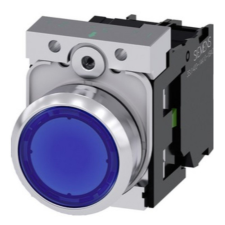 Siemens 3SU1156-0AB50-1BA0 komplett világító nyomógomb, kék, 230VAC, 1NO, fém, csavaros Sirius villanyszerelés
