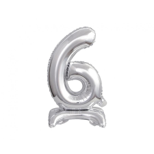  Silver, Ezüst mini 6-os szám fólia lufi talppal 38 cm party kellék