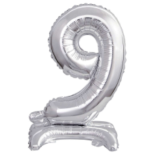 Silver, Ezüst mini 9-es szám fólia lufi talppal 38 cm party kellék