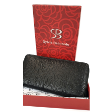 SLM Sylvia Belmonte rózsa mintás, fekete nagy körzippes női bőr pénztárca RO01