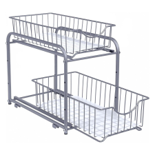 Songmics Kétszintes edény és tányérszárító kihúzható, 2 szintes tárolór, ezüst, 36x21x25-31cm konyhai eszköz