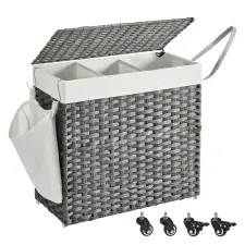 Songmics Kézzel fonott rattan stílusú szennyeskosár 3 rekesszel 140L, szürke bútor