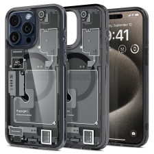Spigen Apple iPhone 15 Pro Max, Műanyag hátlap védőtok + szilikon keret, Magsafe töltővel kompatibilis, iPhone belső minta, Spigen Ultra Hybrid Zero One Mag, átlátszó/füst tok és táska