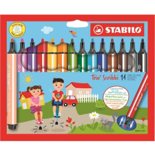 STABILO Filctoll készlet, 1,5-2 mm, rugós hegy, STABILO "Trio Scribbi", 14 különböző szín filctoll, marker